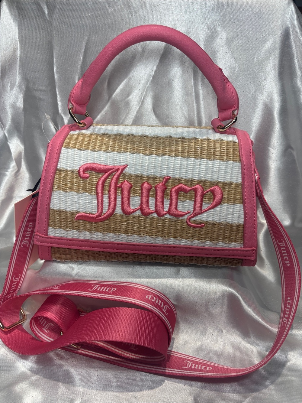 NWT Juicy Couture Pink & Natural Straw Shoulder Bag with Embroidered Logo